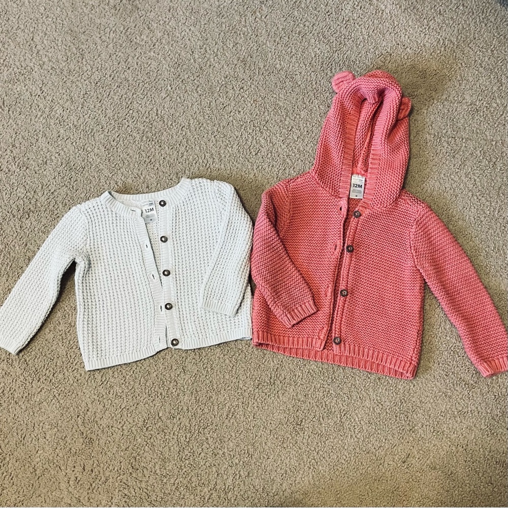 Carter's Simple Joys Waffle Knit Cardigan Set‎ Pink & Grey Button Front Sz 12M